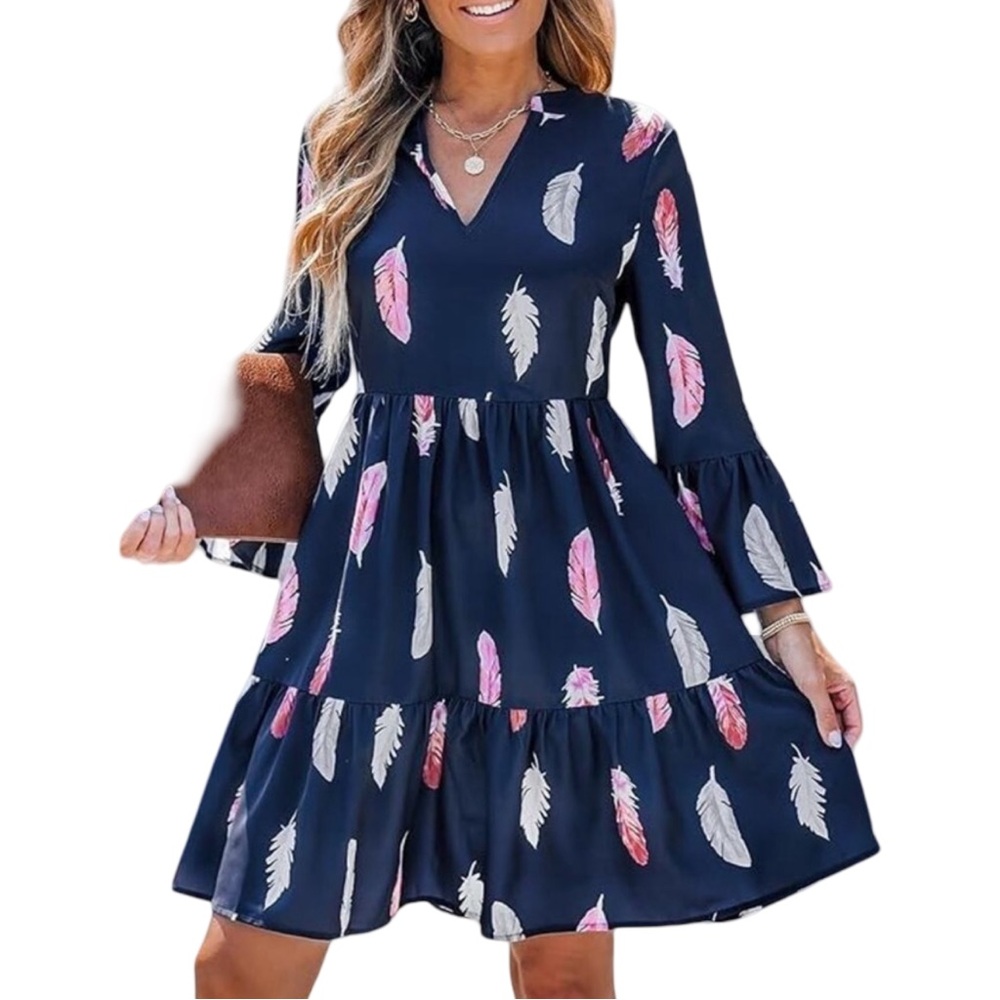 NWT Cupshe Feather Print Bell Sleeve Tiered Mini Dress Blue Pink L - Picture 5 of 6